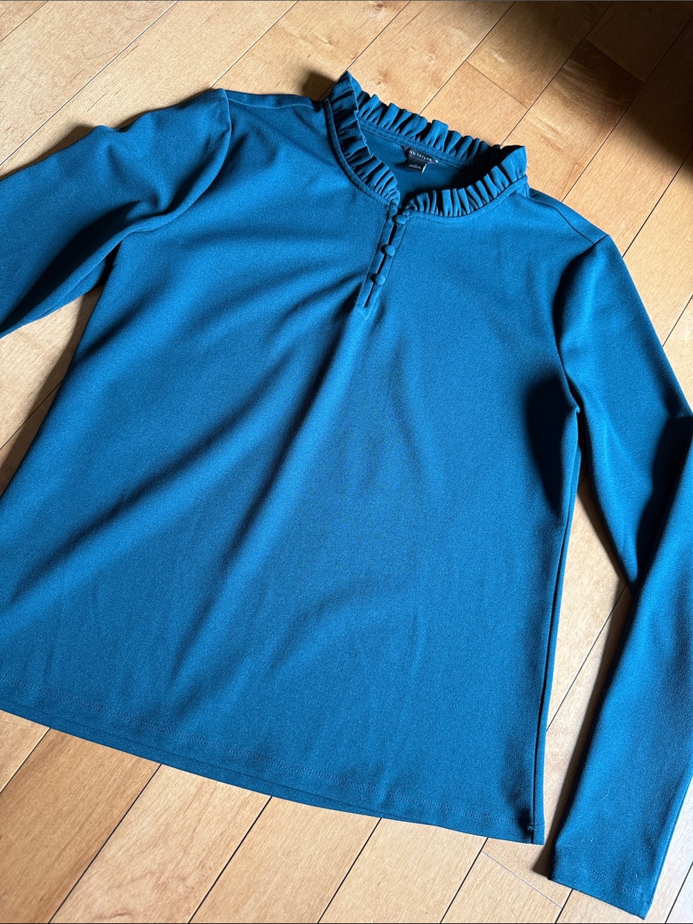 Ann Taylor Teal Ruffle-Neck Long-Sleeve Blouse
